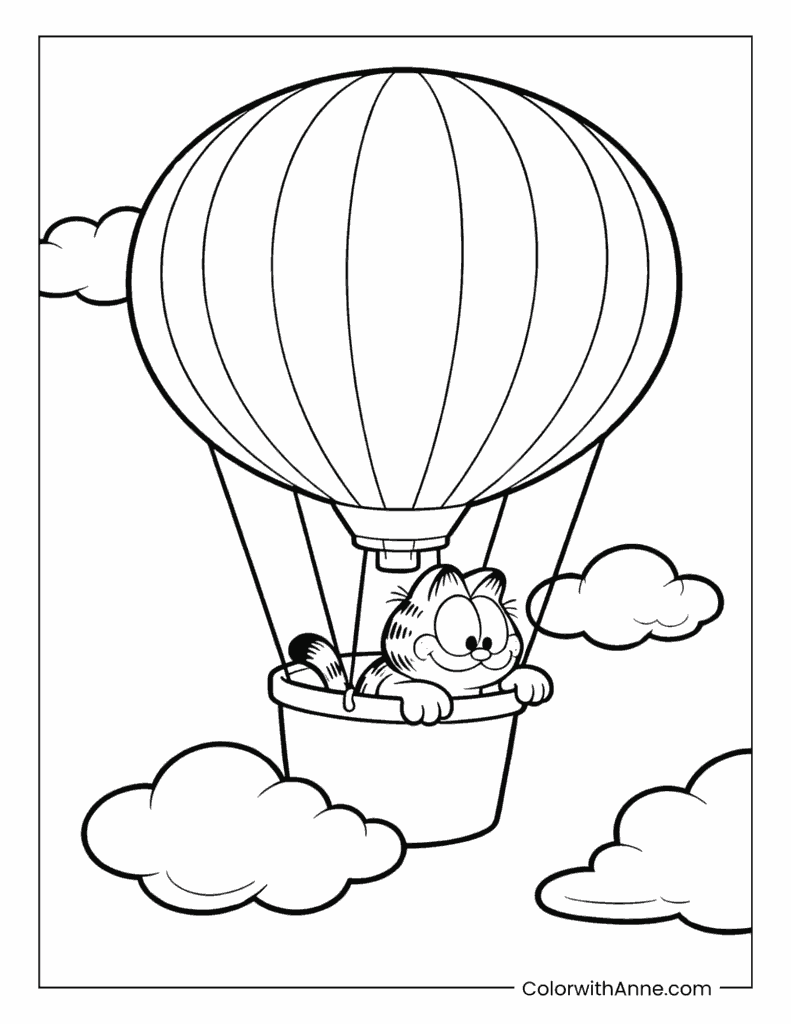 Garfield Riding in a Hot Air Balloon Coloring Page