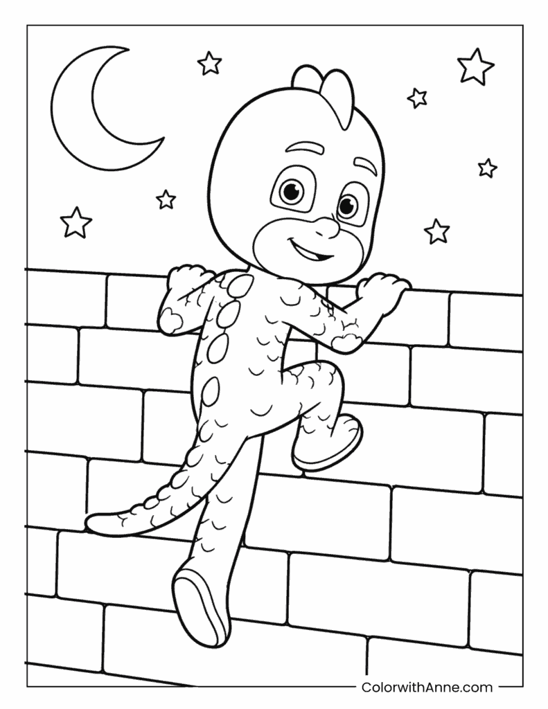 Gekko Climbing the Wall at Night Coloring Page