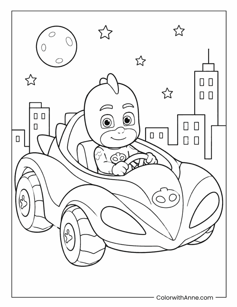 Gekko Driving the Gekko-Mobile at Night Coloring Page