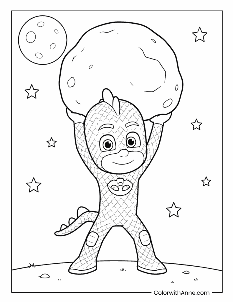 Gekko Lifting a Giant Moon Rock Coloring Page