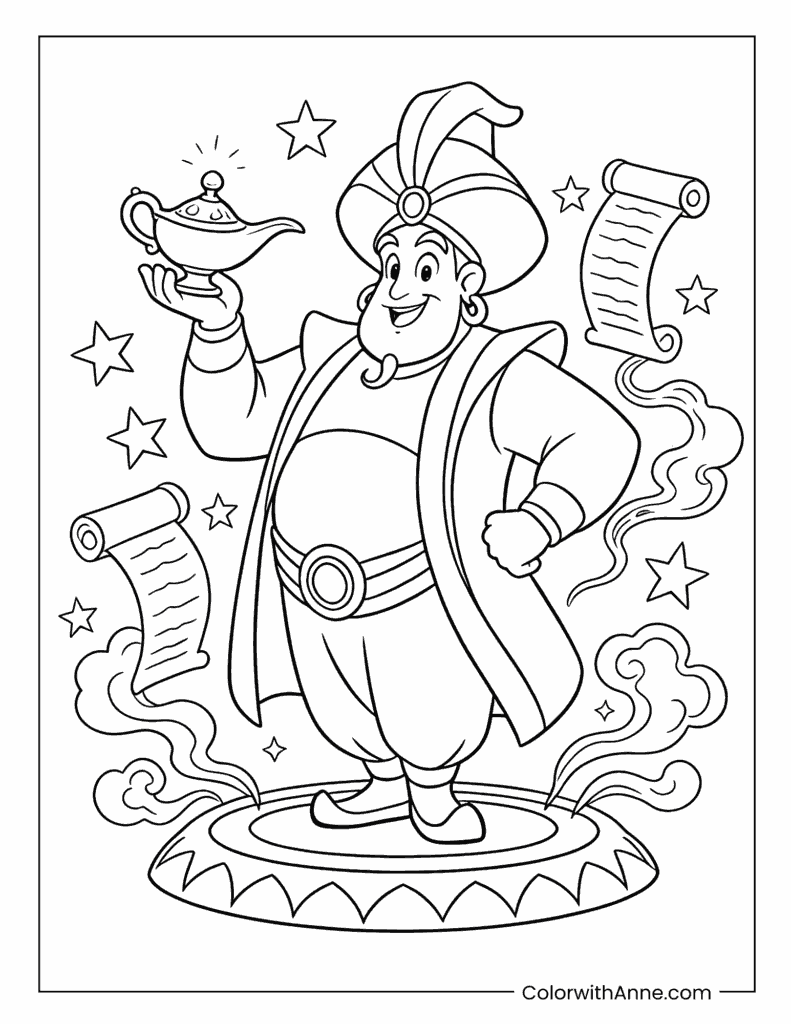 Genie of the Lamp with Scrolls Coloring Page