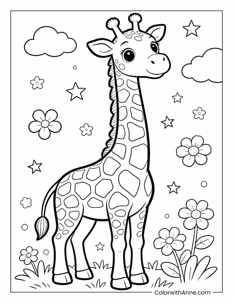 Gentle Giraffe Among Flowers and Stars Coloring Page