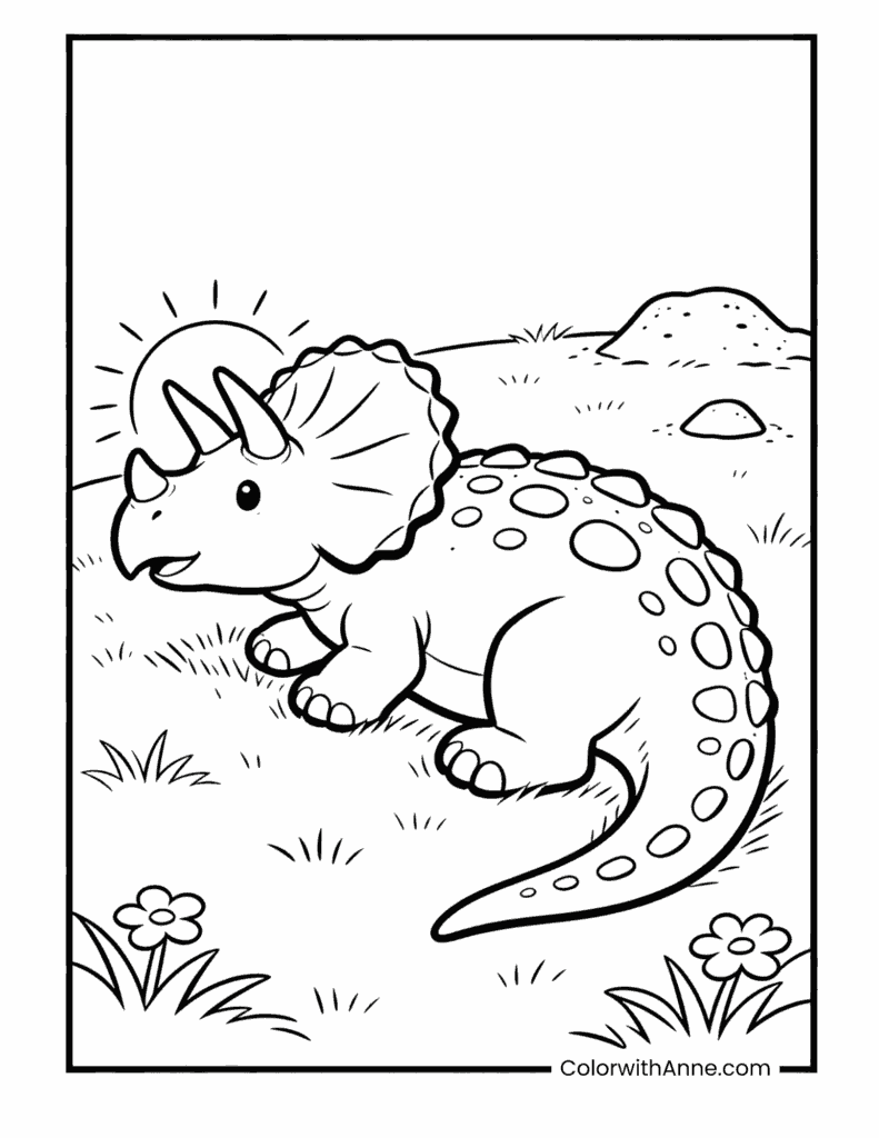 Gentle Triceratops Resting in a Sunny Meadow Coloring Page