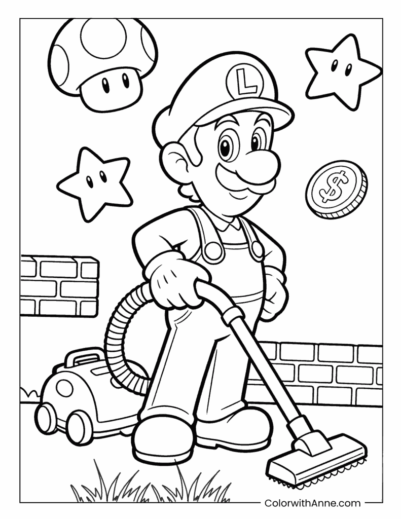 Ghost-Hunting Luigi with Poltergust Vacuum Coloring Page