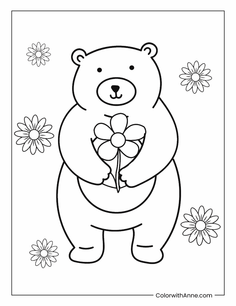 Giant Bear Holding a Flower Coloring Page