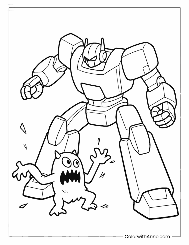 Giant Mecha Robot Battling Monster Coloring Page
