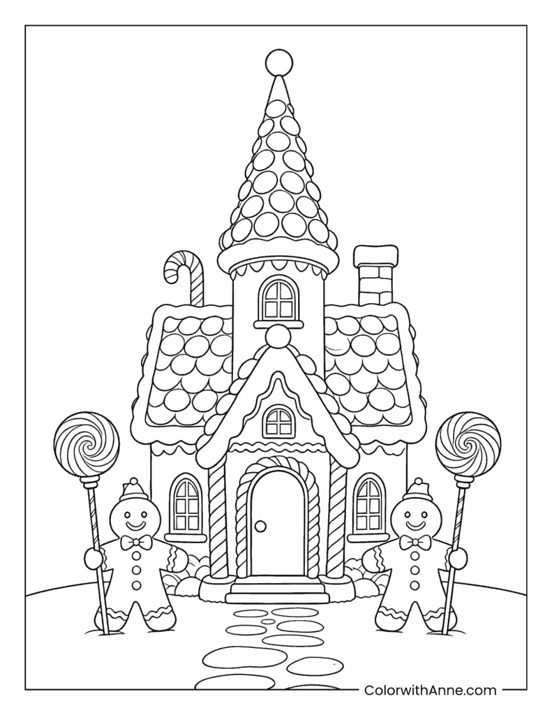 Gingerbread Friends at the Candy House Coloring Page