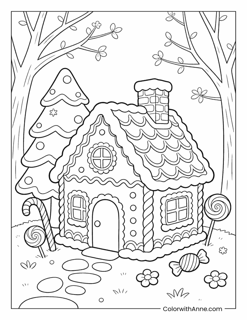 Gingerbread House in a Candy Wonderland Coloring Page