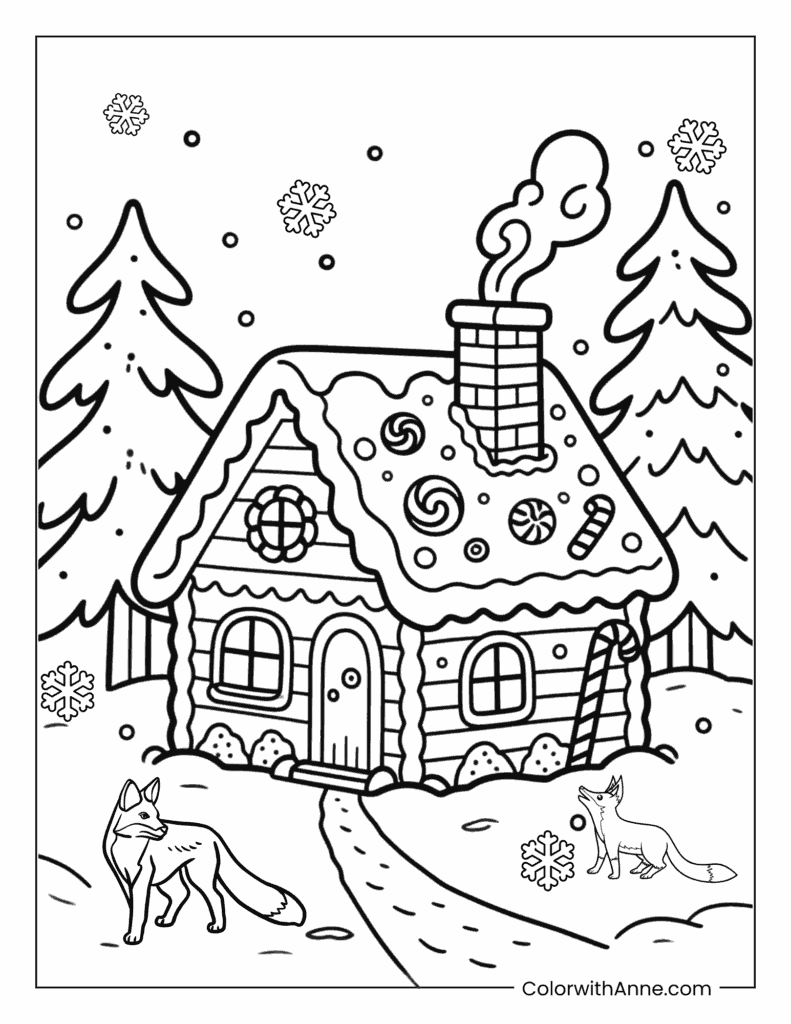 Gingerbread House in a Snowy Forest Coloring Page