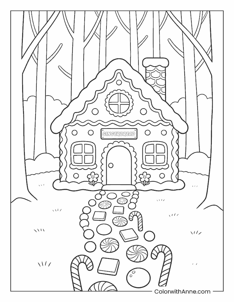 Gingerbread House with GINGERBREAD Sign Coloring Page
