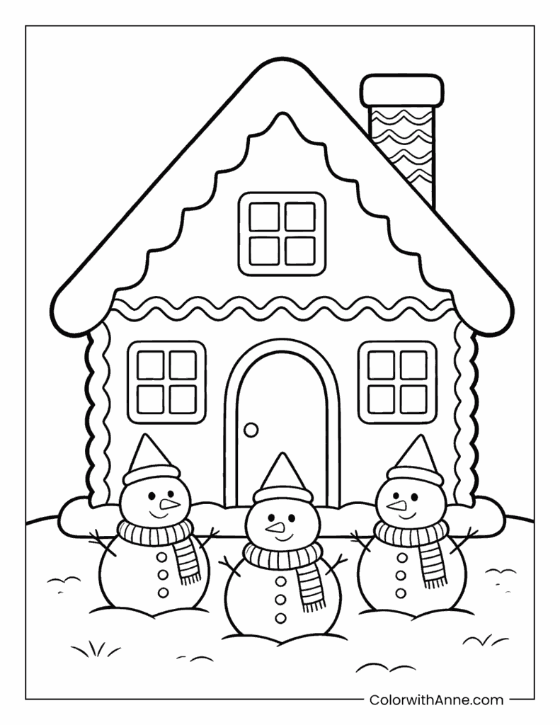 Gingerbread House with Three Snowmen Coloring Page