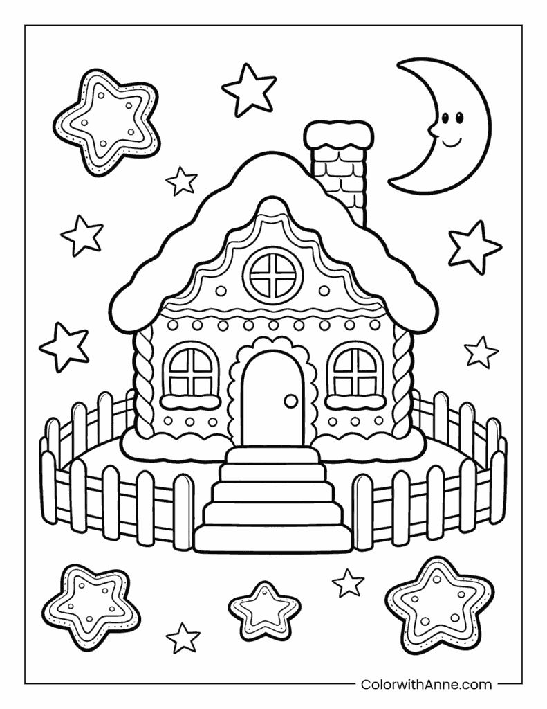 Gingerbread House with the Happy Moon Coloring Page