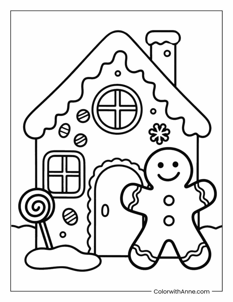 Gingerbread Man and Gingerbread House Coloring Page