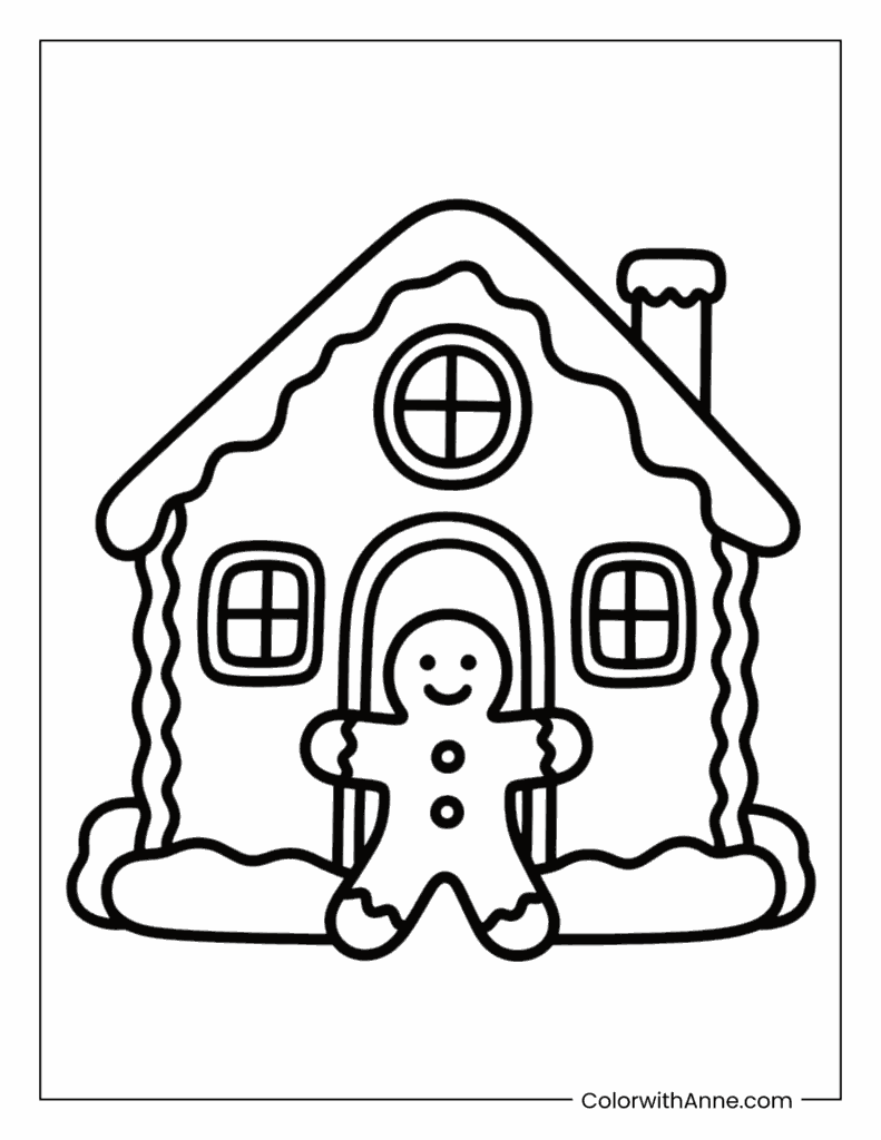 Gingerbread Man in Front of a Gingerbread House Coloring Page