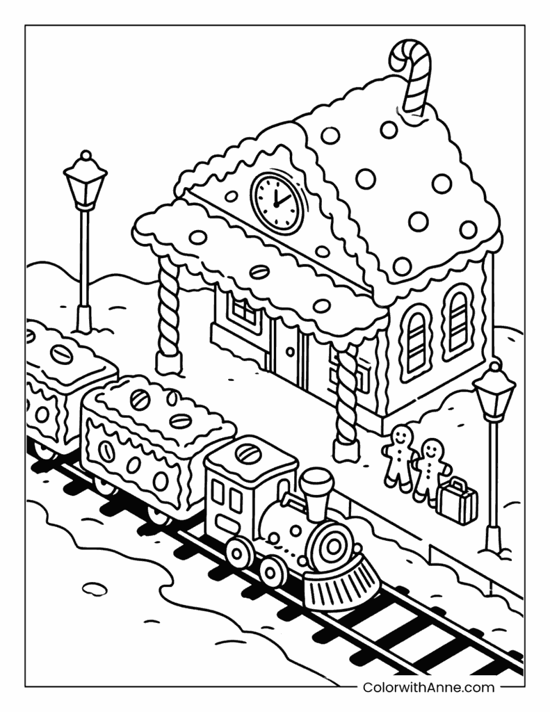 Gingerbread Train Station Coloring Page