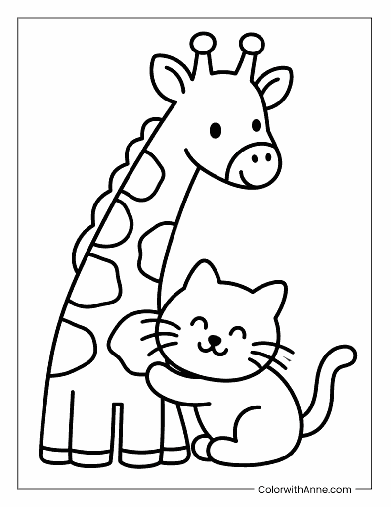 Giraffe & Cute Kitty Cuddle Coloring Page