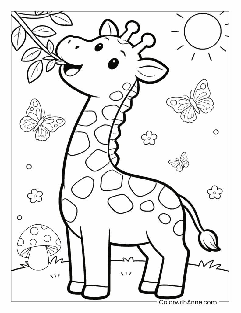 Giraffe Eating Leaves Coloring Page