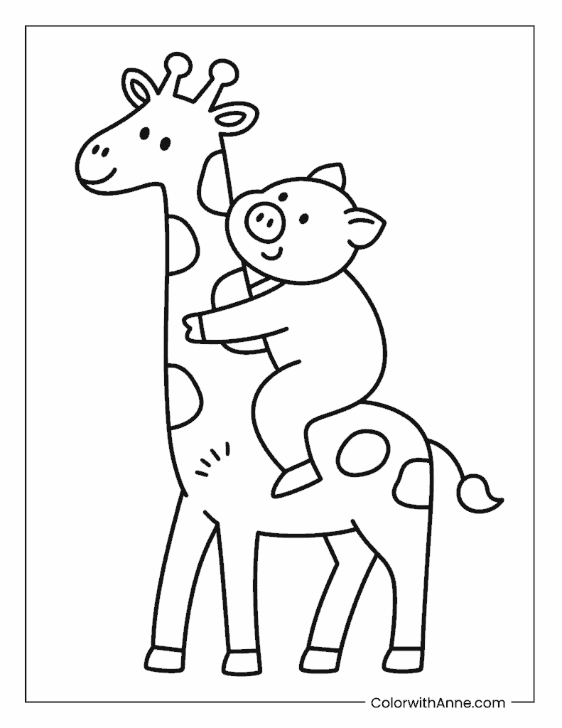 Giraffe Giving a Piggyback Ride Coloring Page