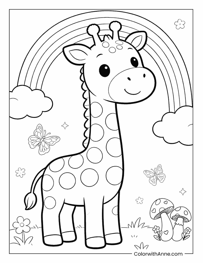 Giraffe Under a Rainbow Coloring Page