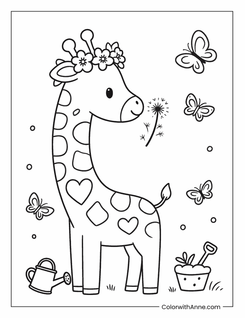 Giraffe Wearing a Flower Crown Coloring Page
