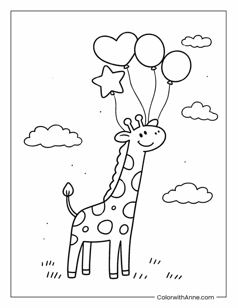 Giraffe with Balloons Coloring Page