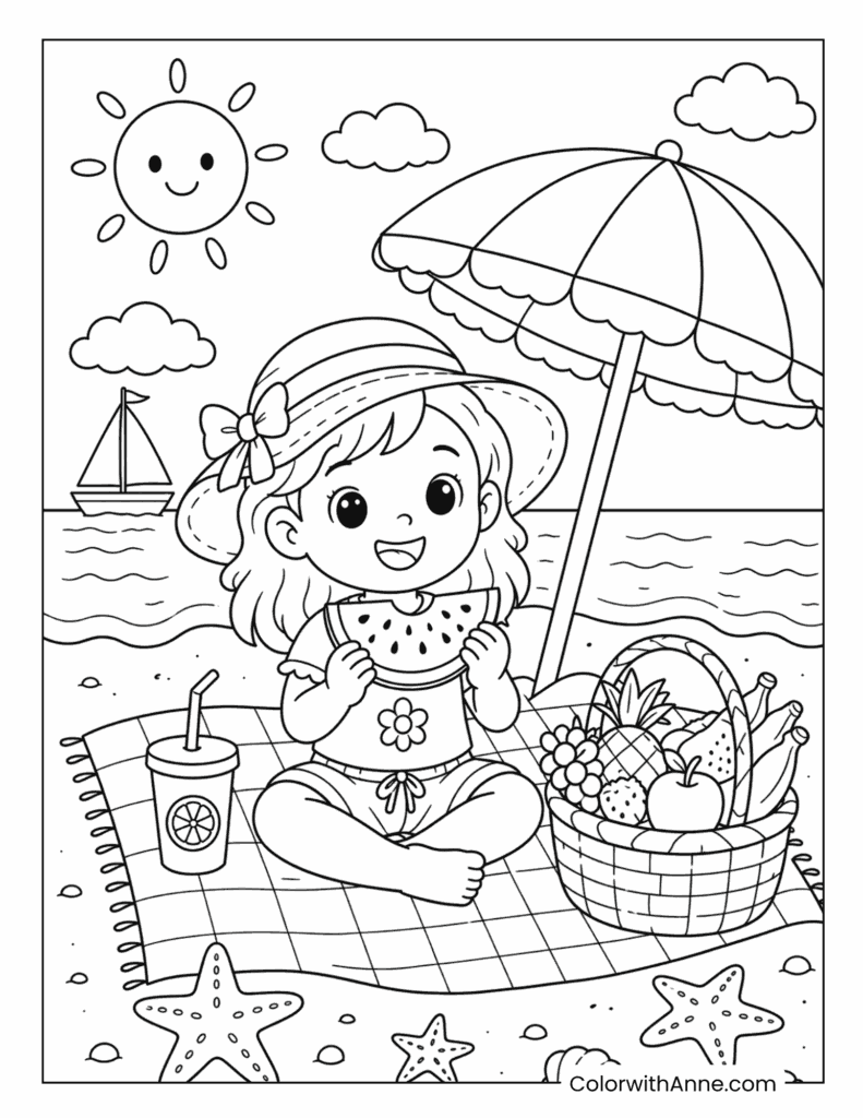 Girl Enjoying Watermelon at a Beach Picnic Coloring Page