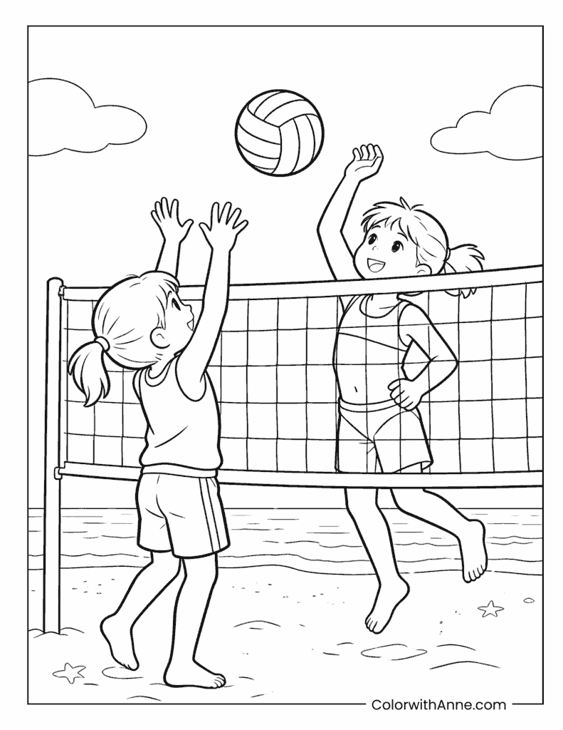 Girls Playing Beach Volleyball Coloring Page