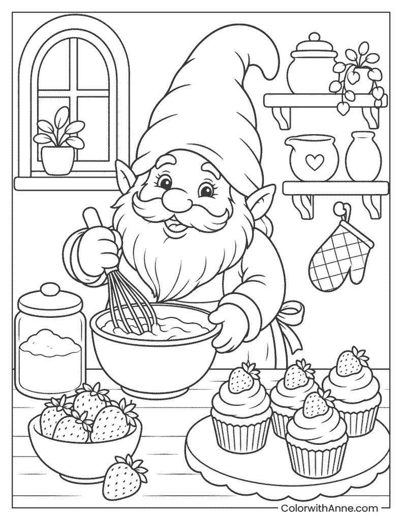 Gnome Baking Strawberry Cupcakes Coloring Page