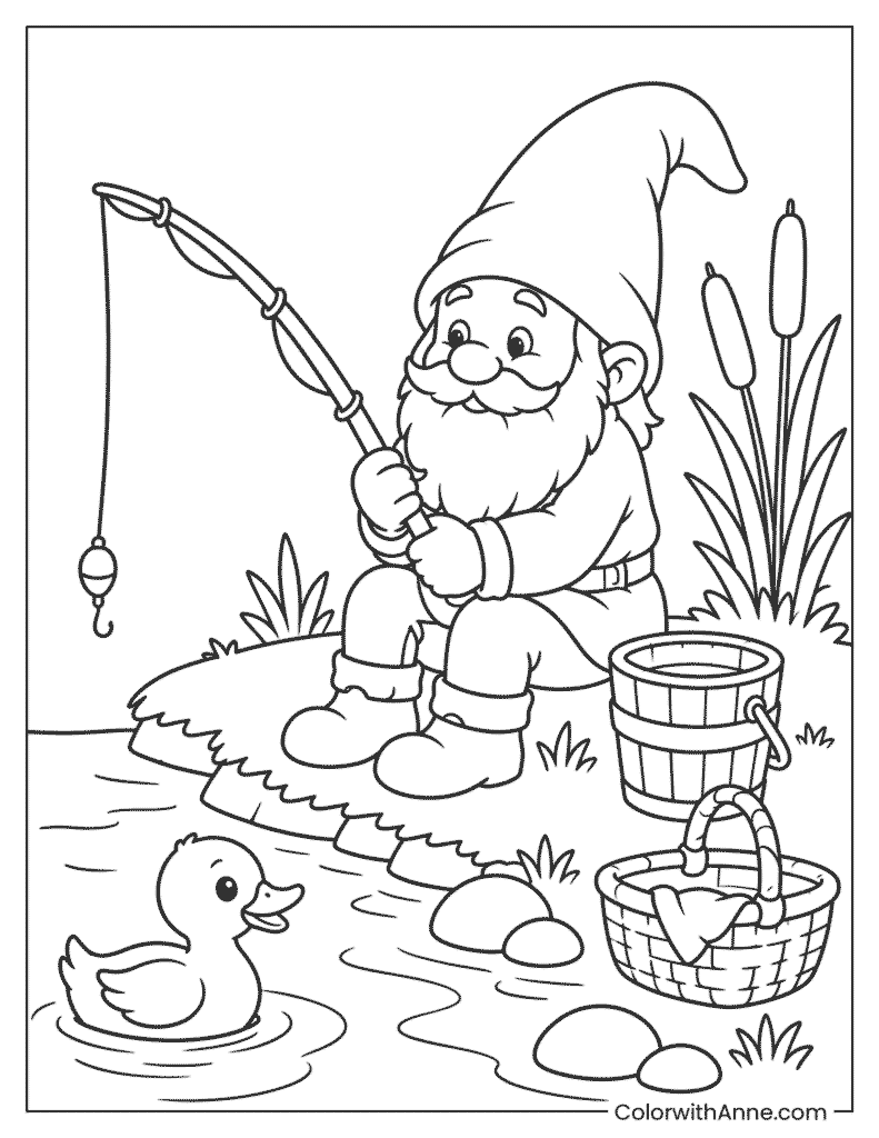 Gnome Fishing by the River Coloring Page
