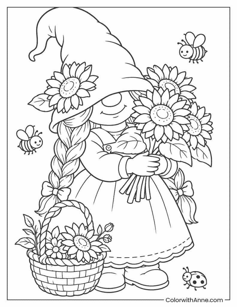 Gnome Girl with Sunflowers Coloring Page