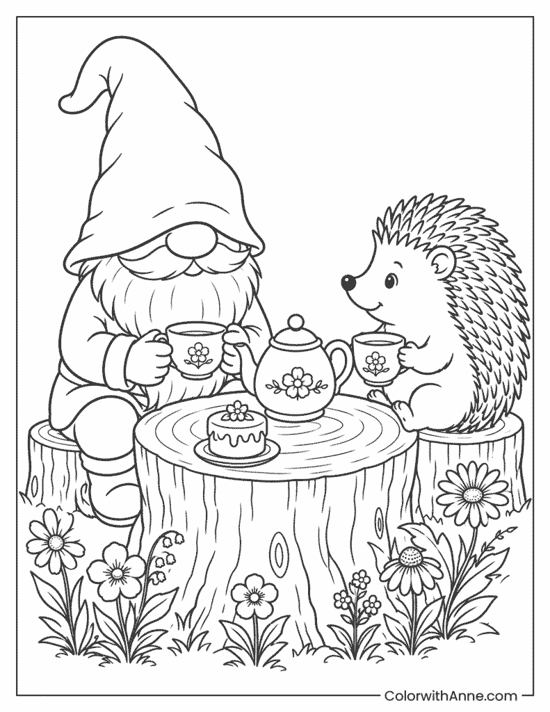 Gnome Having Tea with a Hedgehog Coloring Page