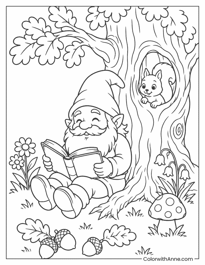 Gnome Reading beneath an Old Tree Coloring Page
