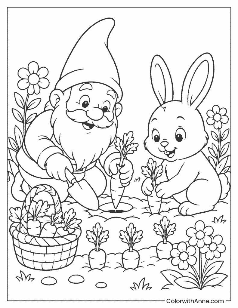 Gnome and Bunny Planting Carrots Coloring Page