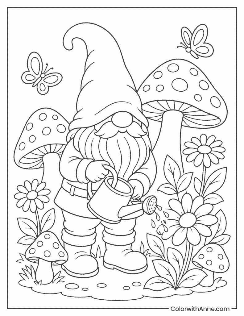 Gnome in a Mushroom Garden Coloring Page