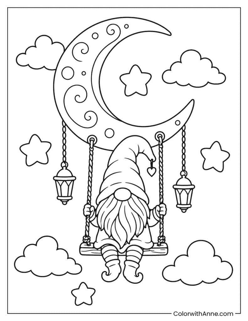 Gnome on a Magical Moon Swing Coloring Page