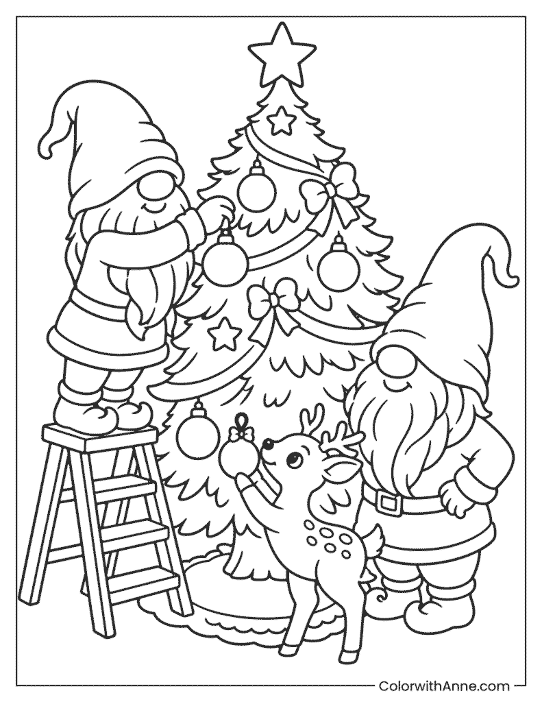 Gnomes Decorating a Christmas Tree Coloring Page