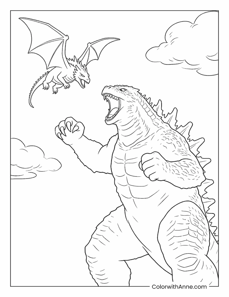 Godzilla Fighting a Flying Dragon in the Sky Coloring Page