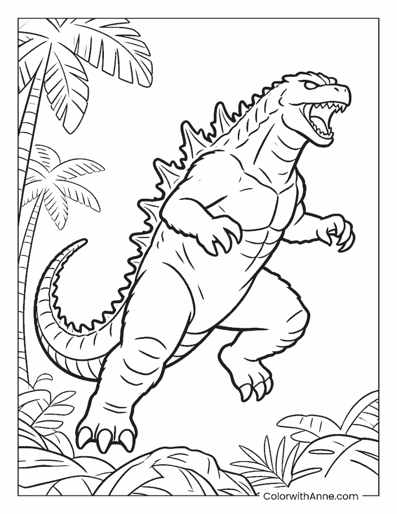 Godzilla Roaring in a Tropical Jungle Coloring Page