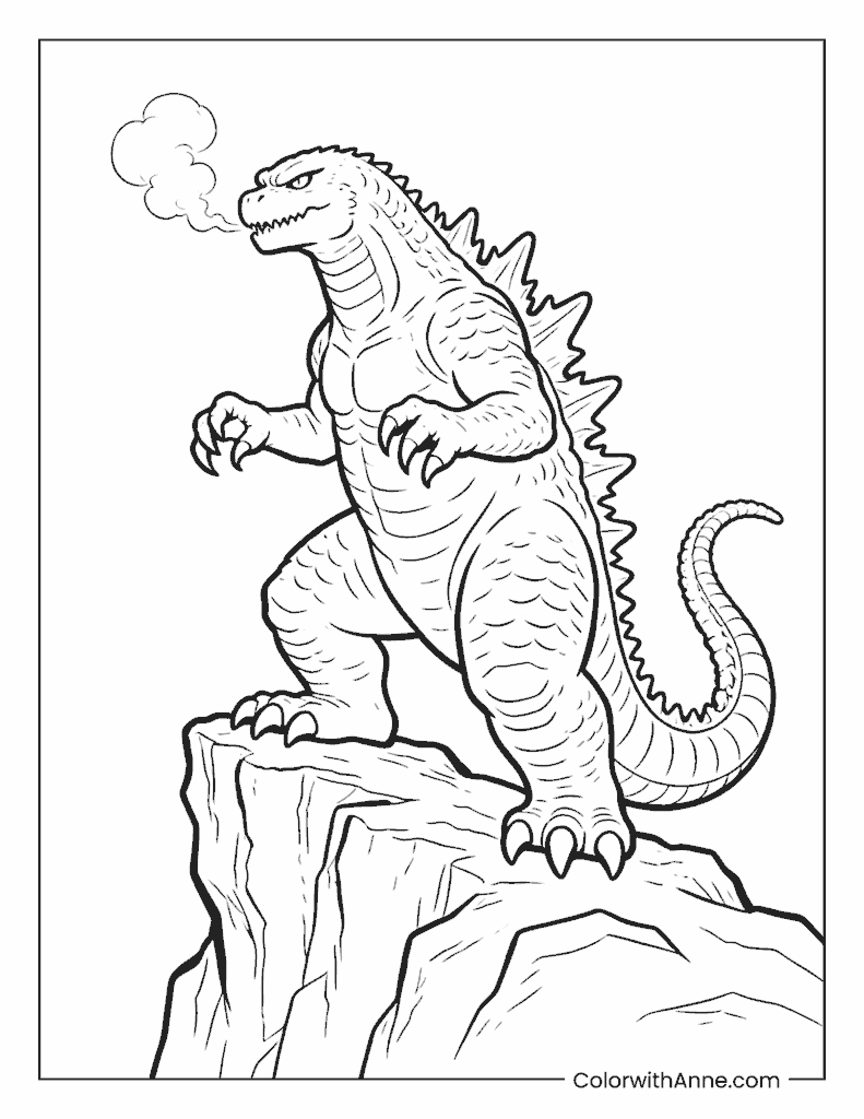 Godzilla Standing on a Rock with Breath Attack Coloring Page
