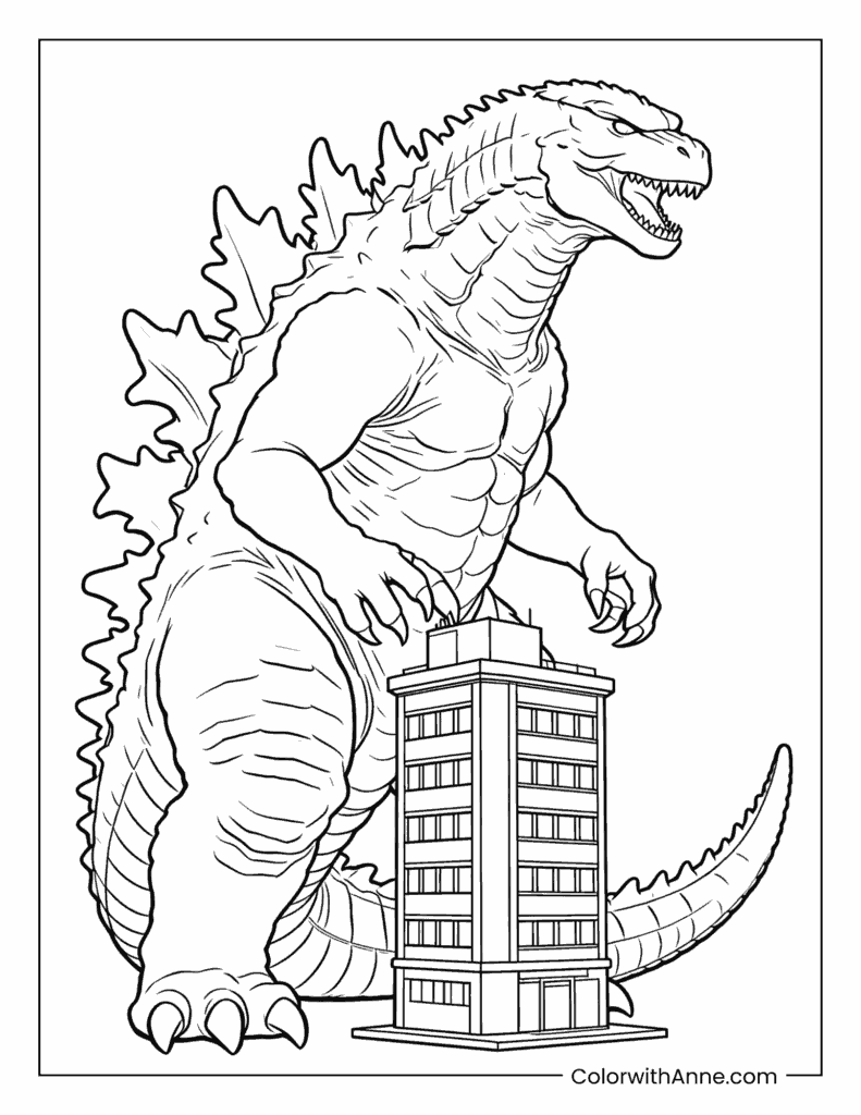 Godzilla Standing on a Skyscraper in the City Coloring Page