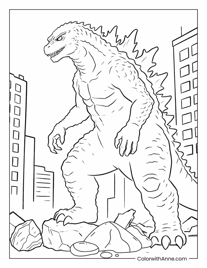 Godzilla Stomping on a Rock in the City Coloring Page