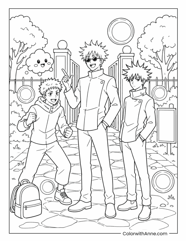 Gojo, Yuji, and Megumi School Gate Coloring Page