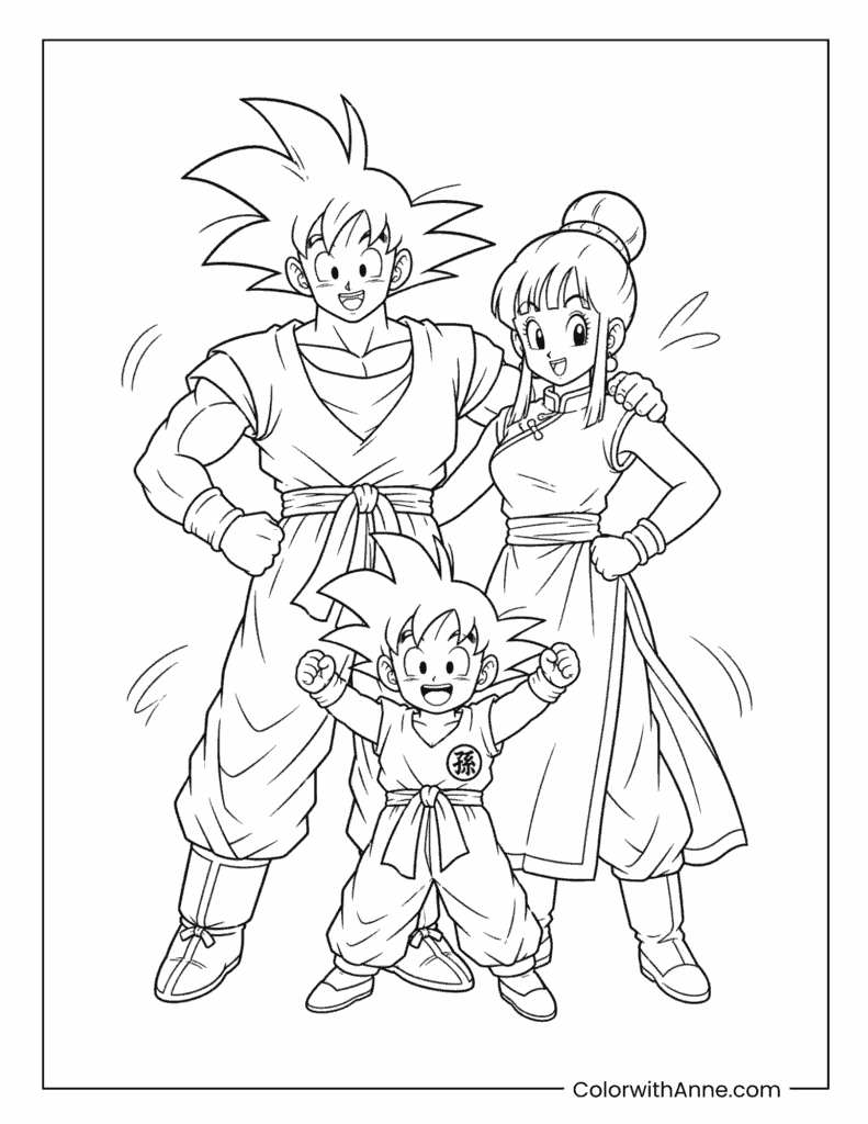 Goku, Chi-Chi, and Gohan Family Coloring Page