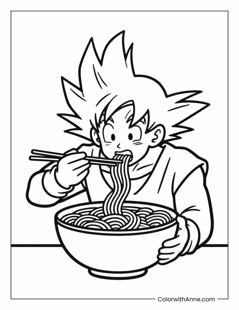 Goku Eating a Giant Bowl of Ramen Coloring Page