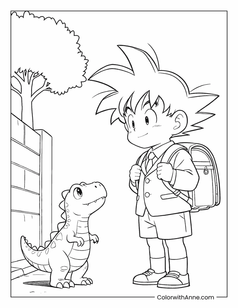 Goku as a Schoolboy with His Dinosaur Friend Coloring Page