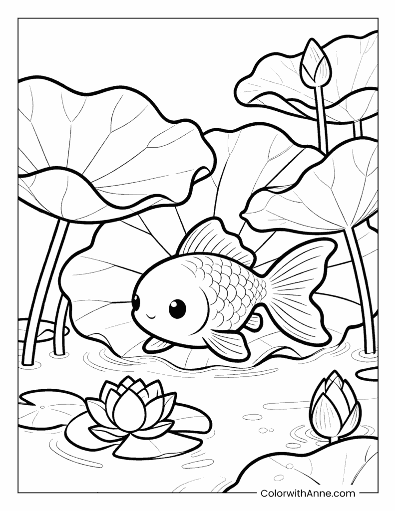 Goldfish in a Lotus Pond Coloring Page