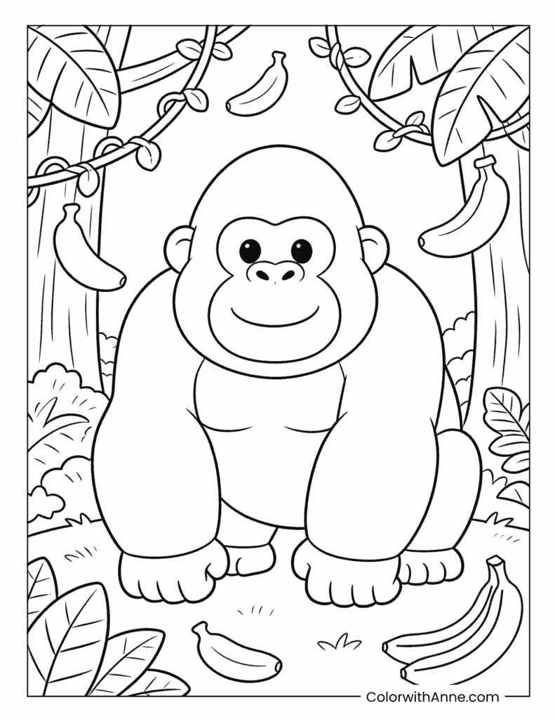 Gorilla Sitting with Jungle Bananas Coloring Page