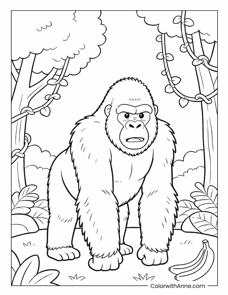 Gorilla in Rainforest with Bananas Coloring Page