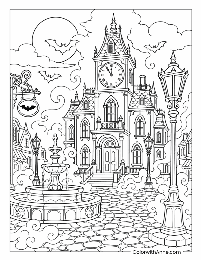 Gothic Haunted Clock Tower Mansion with Fountain Coloring Page