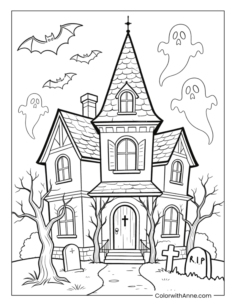 Gothic Haunted House with R.I.P. Tombstones and Bats Coloring Page